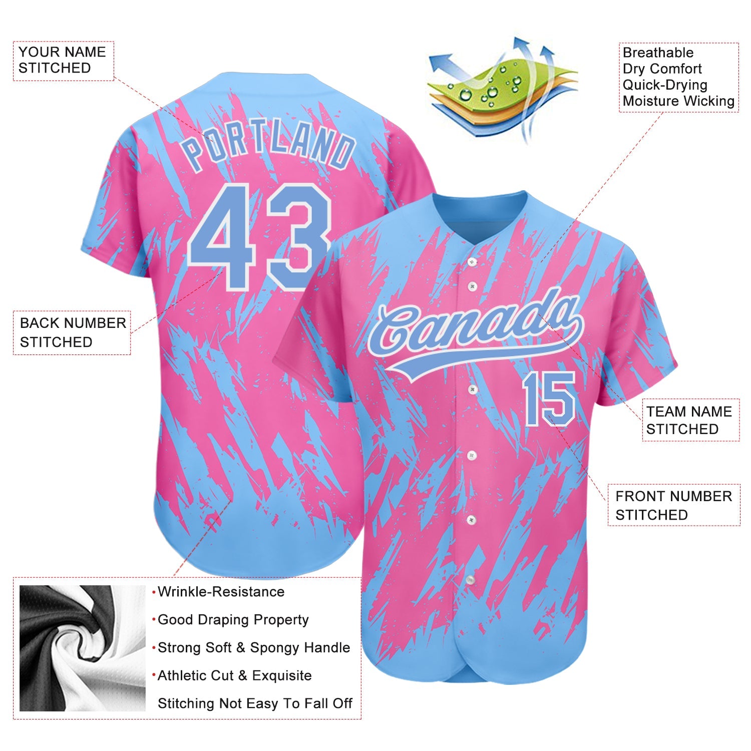 Custom Pink Powder Blue-White 3D Pattern Design Authentic Baseball Jersey view 3