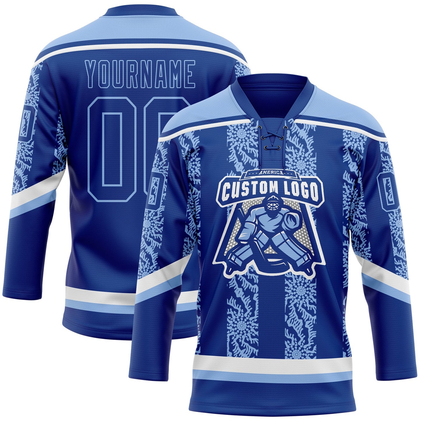 Custom Royal Light Blue-White 3D Pattern Abstract Shape Hockey Lace Neck Jersey view 2