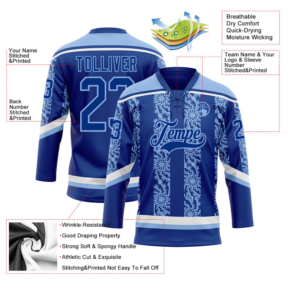 Custom Royal Light Blue-White 3D Pattern Abstract Shape Hockey Lace Neck Jersey view 3
