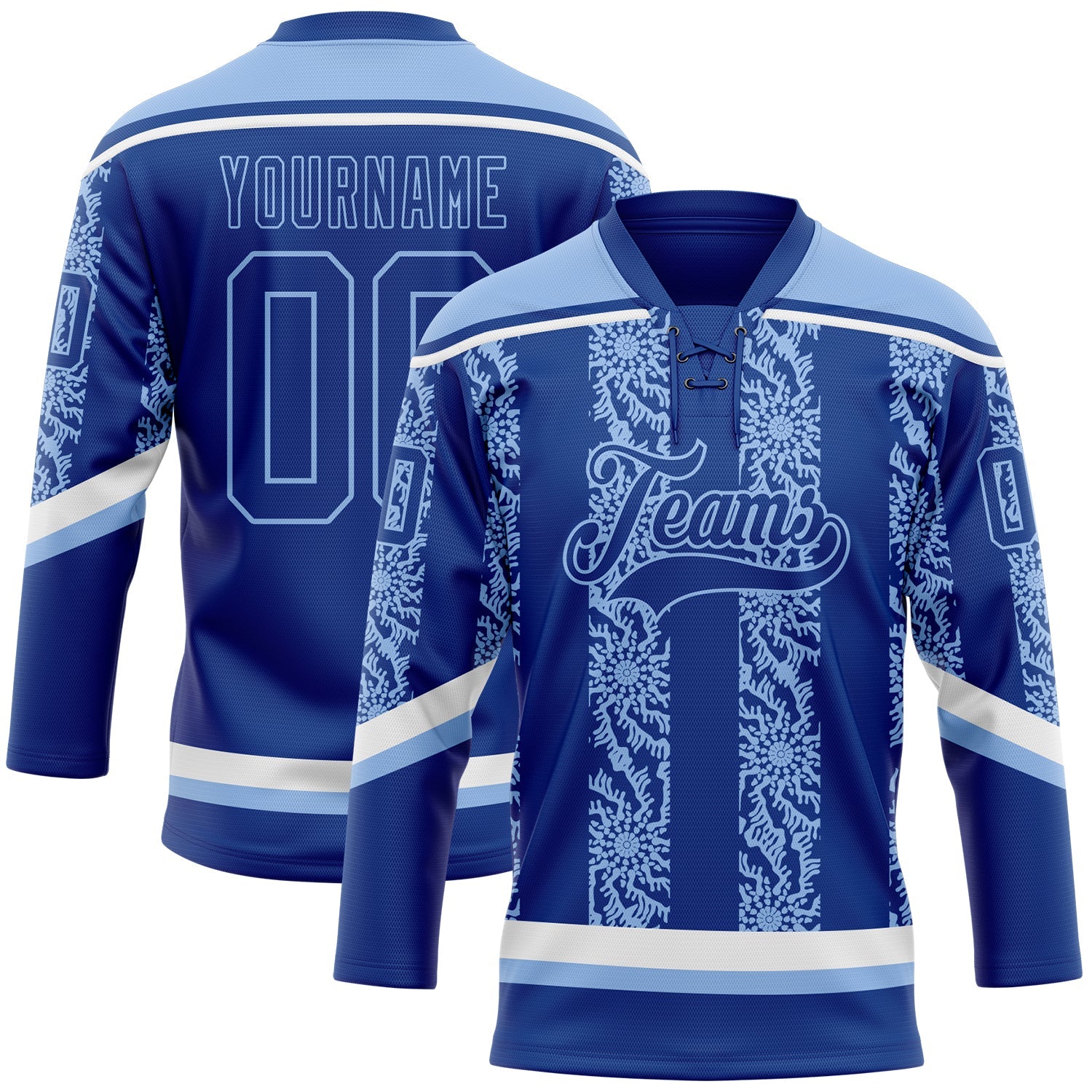 Custom Royal Light Blue-White 3D Pattern Abstract Shape Hockey Lace Neck Jersey - Main View