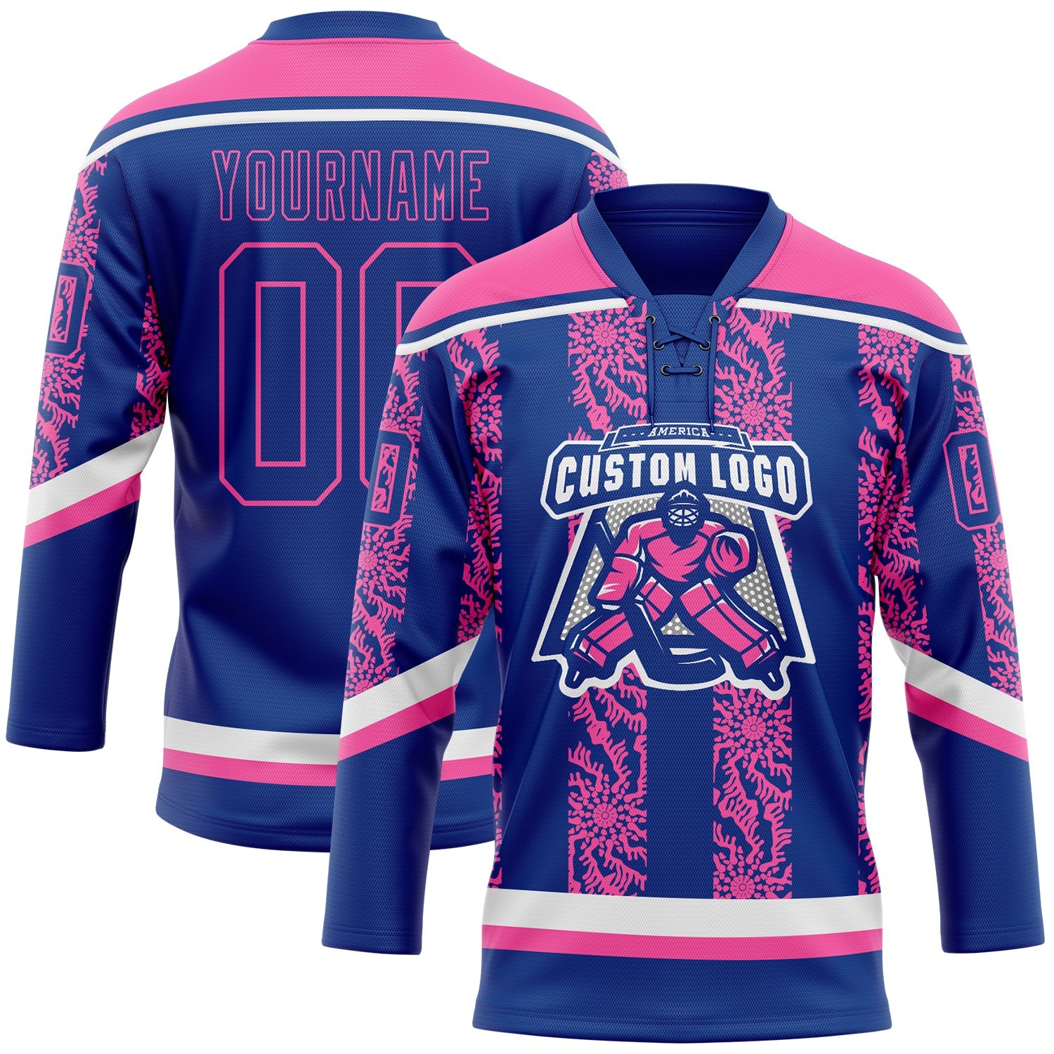 Custom Royal Pink-White 3D Pattern Abstract Shape Hockey Lace Neck Jersey view 2