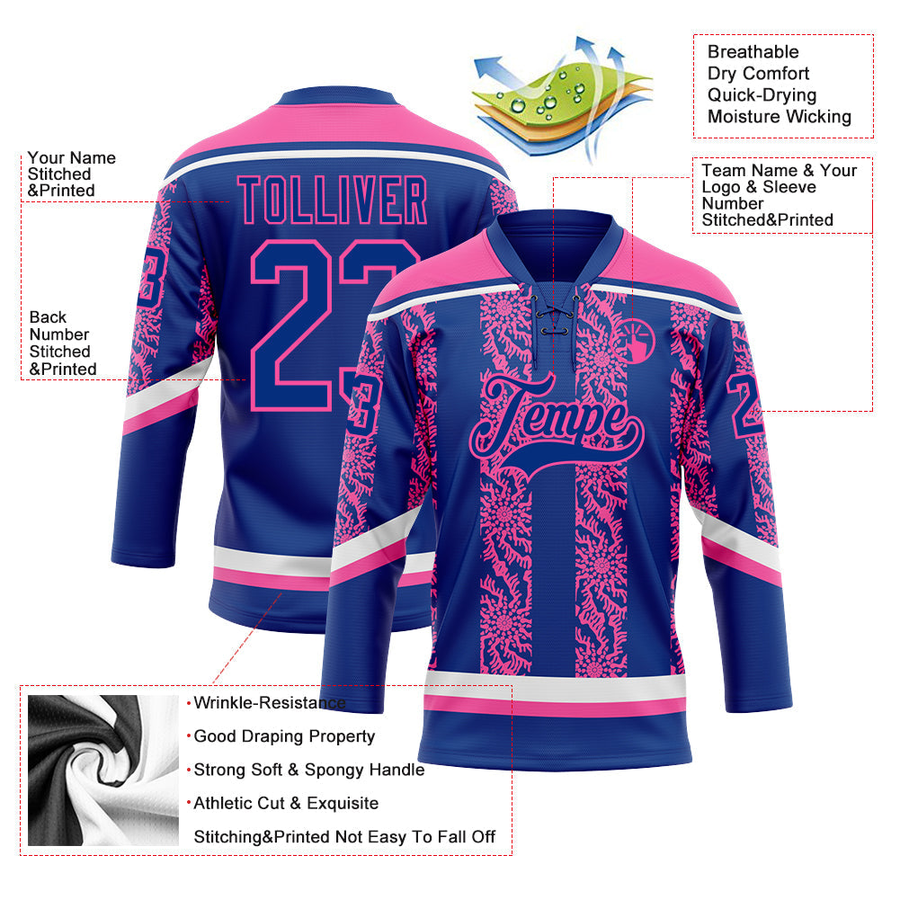 Custom Royal Pink-White 3D Pattern Abstract Shape Hockey Lace Neck Jersey view 3