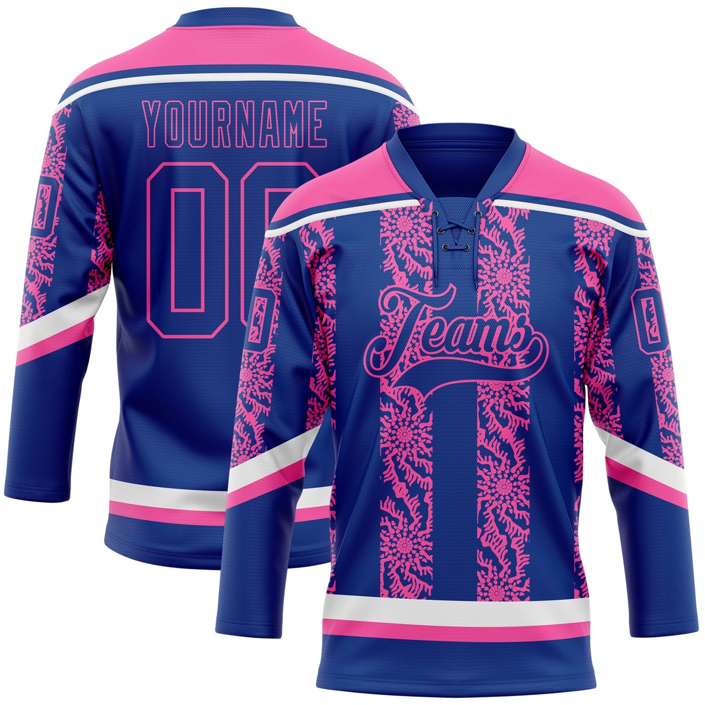 Custom Royal Pink-White 3D Pattern Abstract Shape Hockey Lace Neck Jersey - Main View