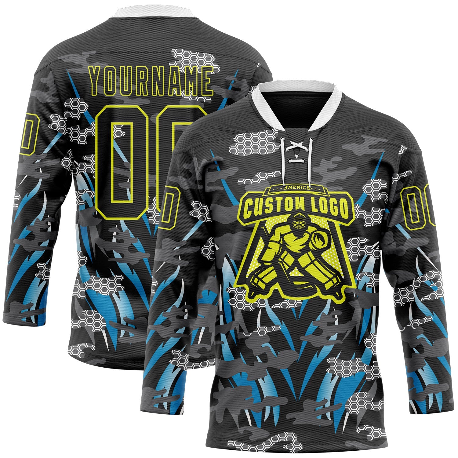 Custom Black Neon Yellow Blue-White 3D Pattern Abstract Camo Hockey Lace Neck Jersey view 2