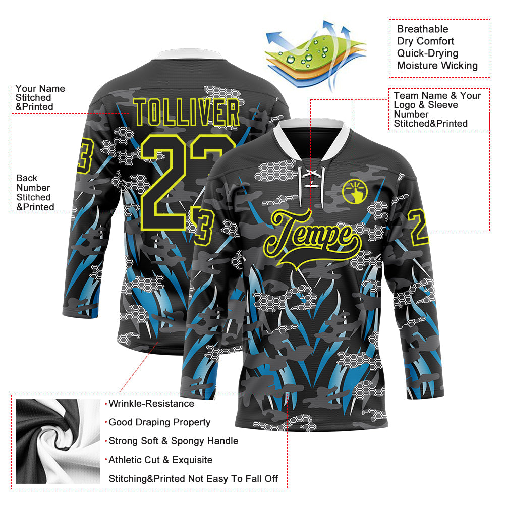 Custom Black Neon Yellow Blue-White 3D Pattern Abstract Camo Hockey Lace Neck Jersey view 3