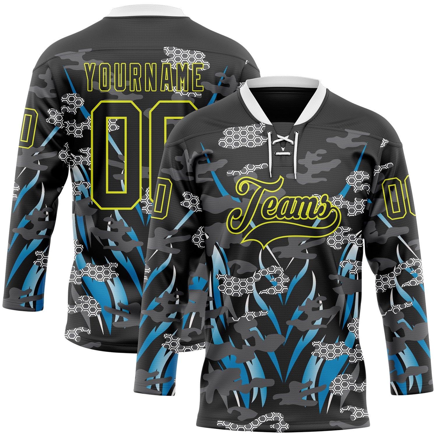 Custom Black Neon Yellow Blue-White 3D Pattern Abstract Camo Hockey Lace Neck Jersey - Main View