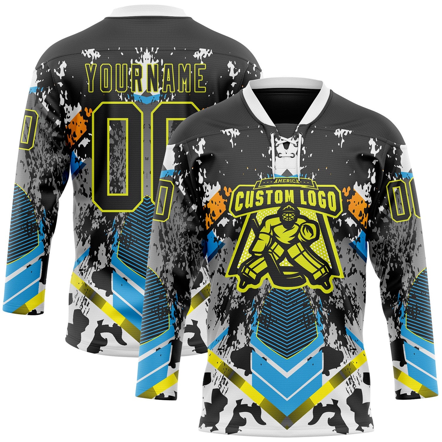 Custom Black Neon Yellow Blue-White 3D Pattern Abstract Splash Hockey Lace Neck Jersey view 2