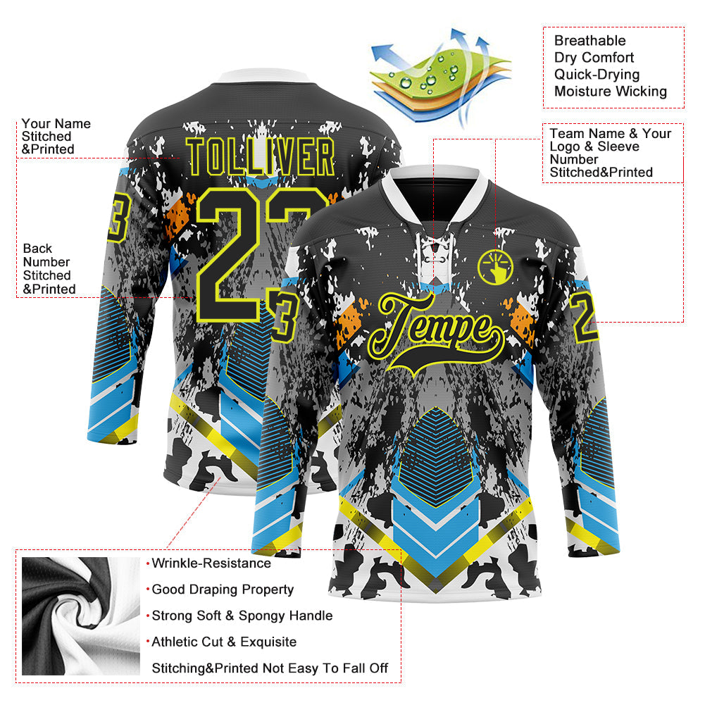 Custom Black Neon Yellow Blue-White 3D Pattern Abstract Splash Hockey Lace Neck Jersey view 3