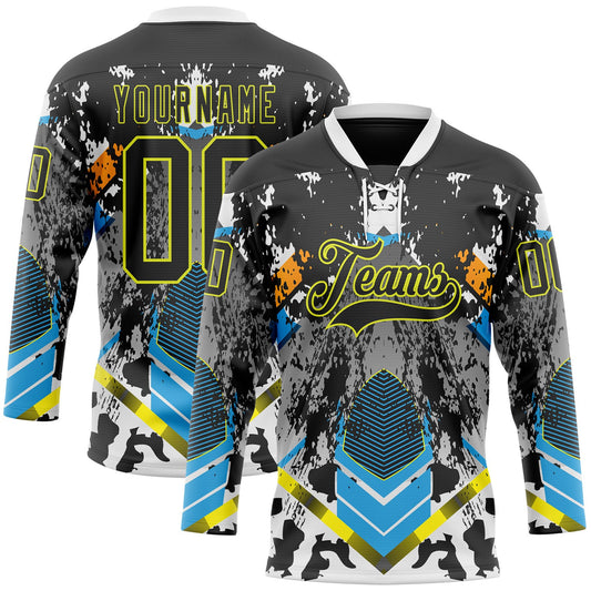 Custom Black Neon Yellow Blue-White 3D Pattern Abstract Splash Hockey Lace Neck Jersey - Main View
