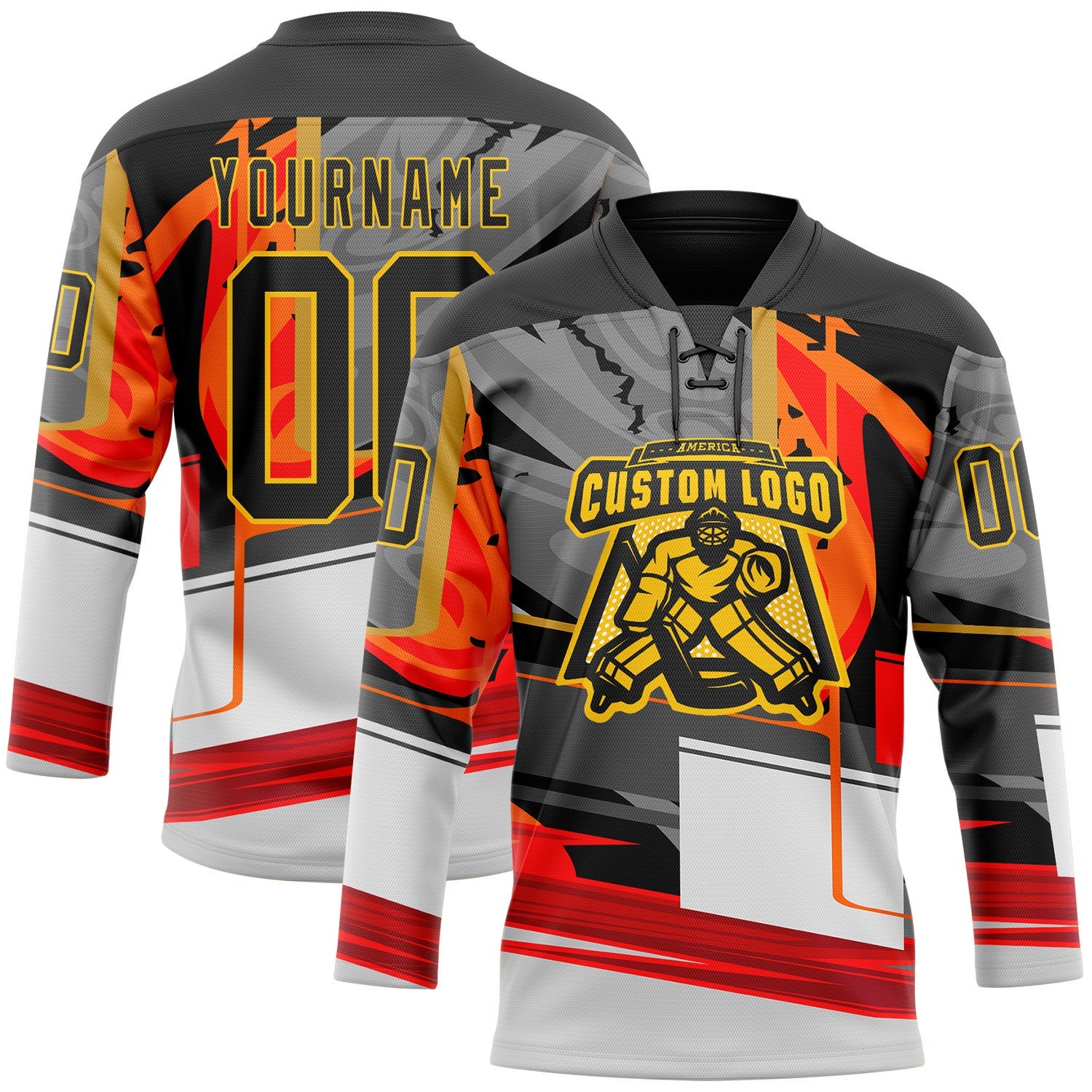 Custom Black Red-Yellow 3D Pattern Abstract Hockey Lace Neck Jersey view 2