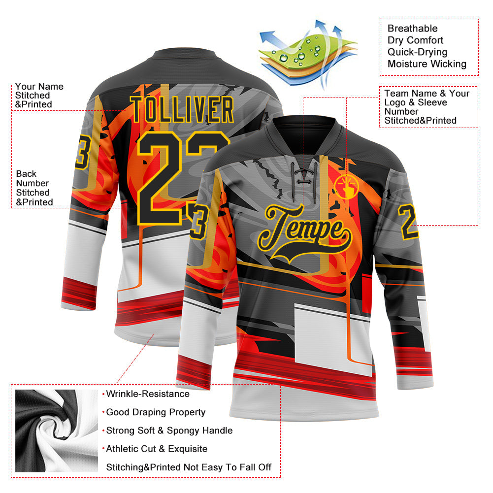 Custom Black Red-Yellow 3D Pattern Abstract Hockey Lace Neck Jersey view 3