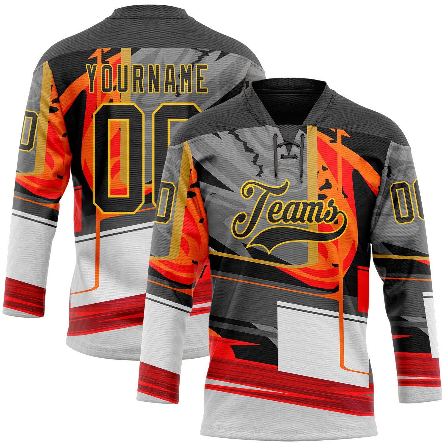 Custom Black Red-Yellow 3D Pattern Abstract Hockey Lace Neck Jersey - Main View