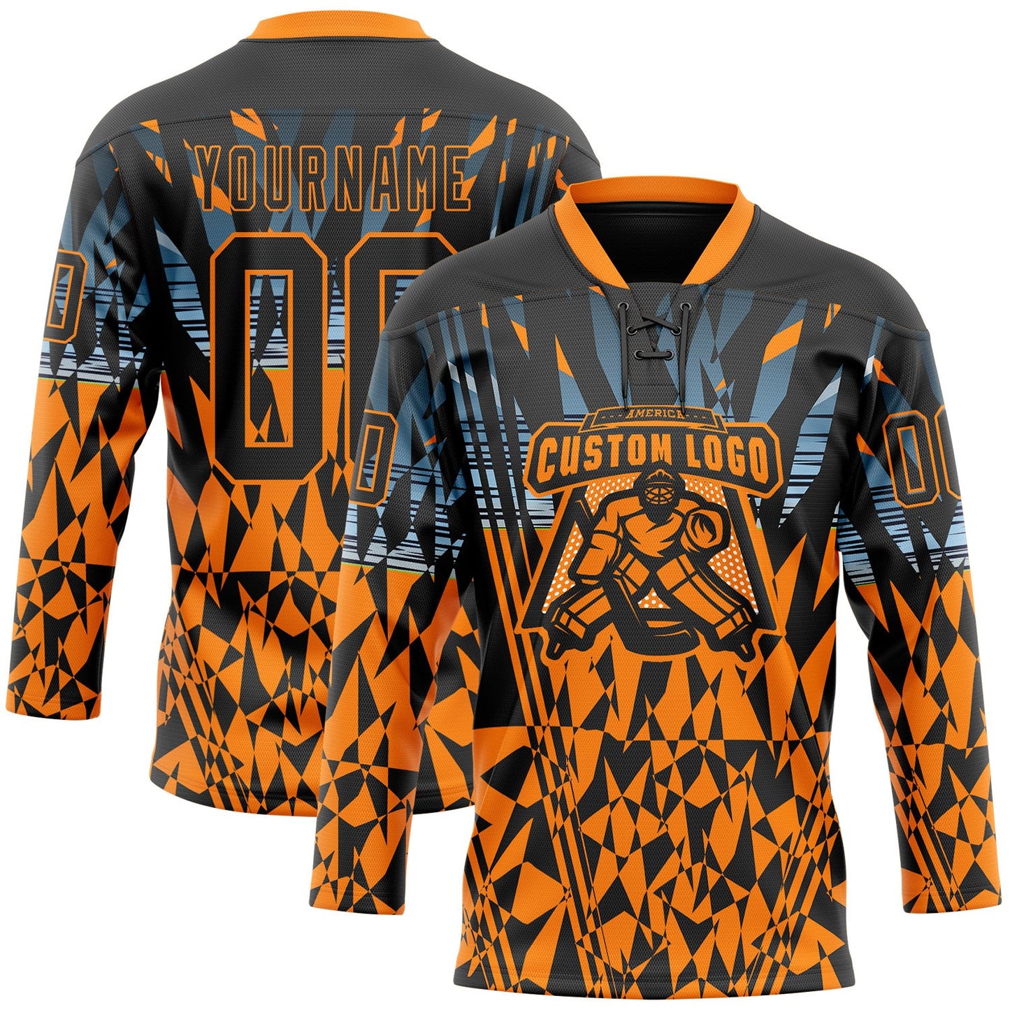 Custom Black Bay Orange-Blue 3D Pattern Abstract Hockey Lace Neck Jersey view 2