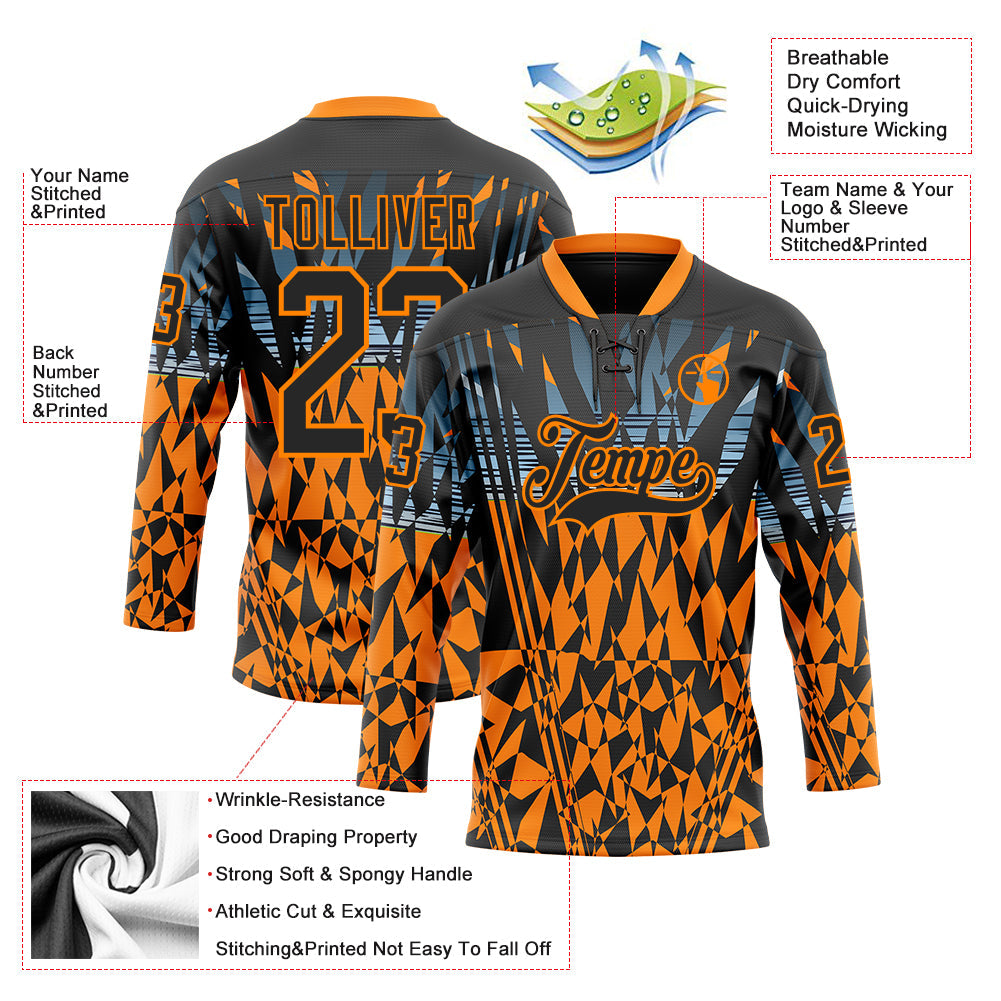 Custom Black Bay Orange-Blue 3D Pattern Abstract Hockey Lace Neck Jersey view 3
