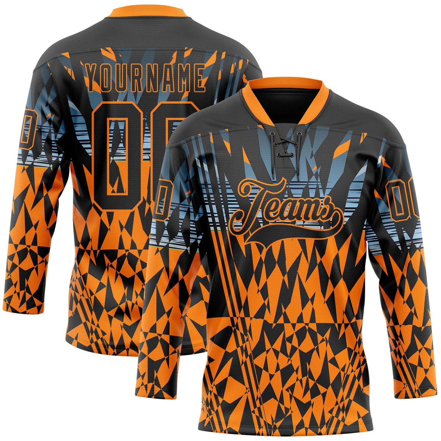 Custom Black Bay Orange-Blue 3D Pattern Abstract Hockey Lace Neck Jersey - Main View