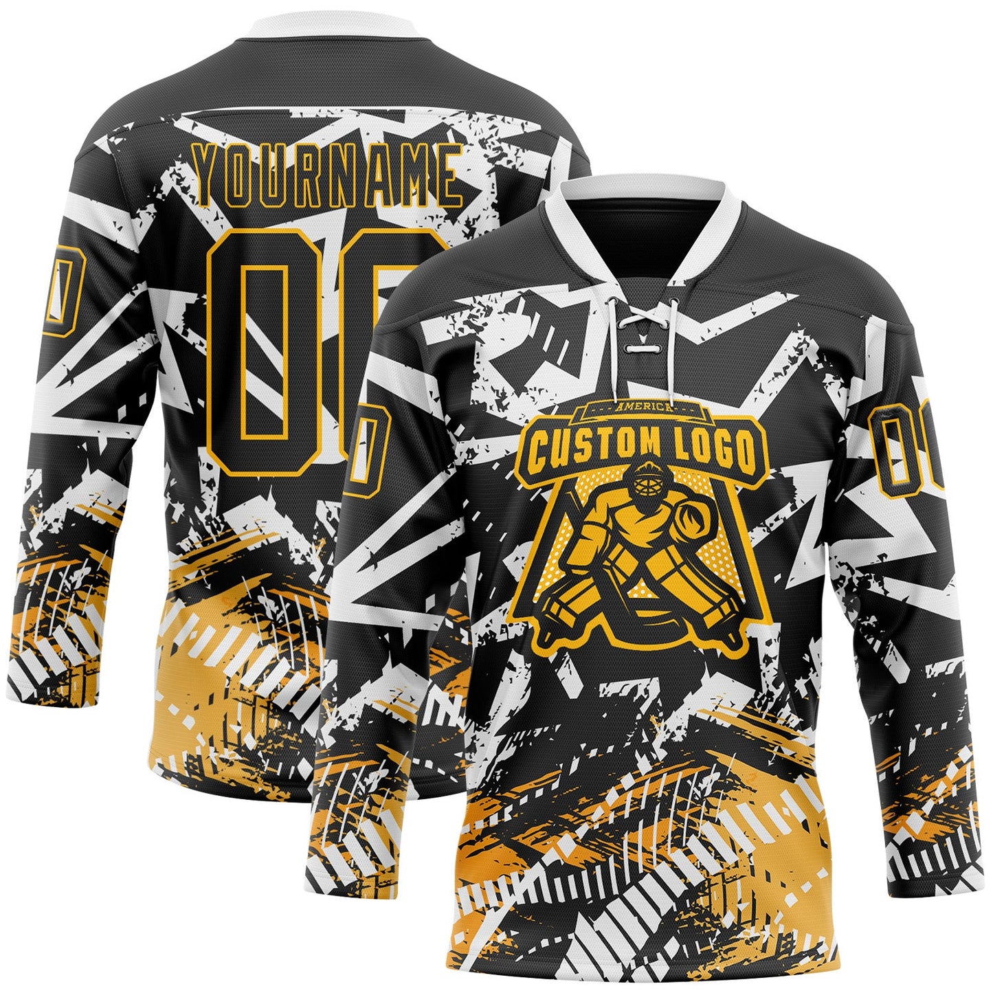 Custom Black Gold-White 3D Pattern Abstract Hockey Lace Neck Jersey view 2
