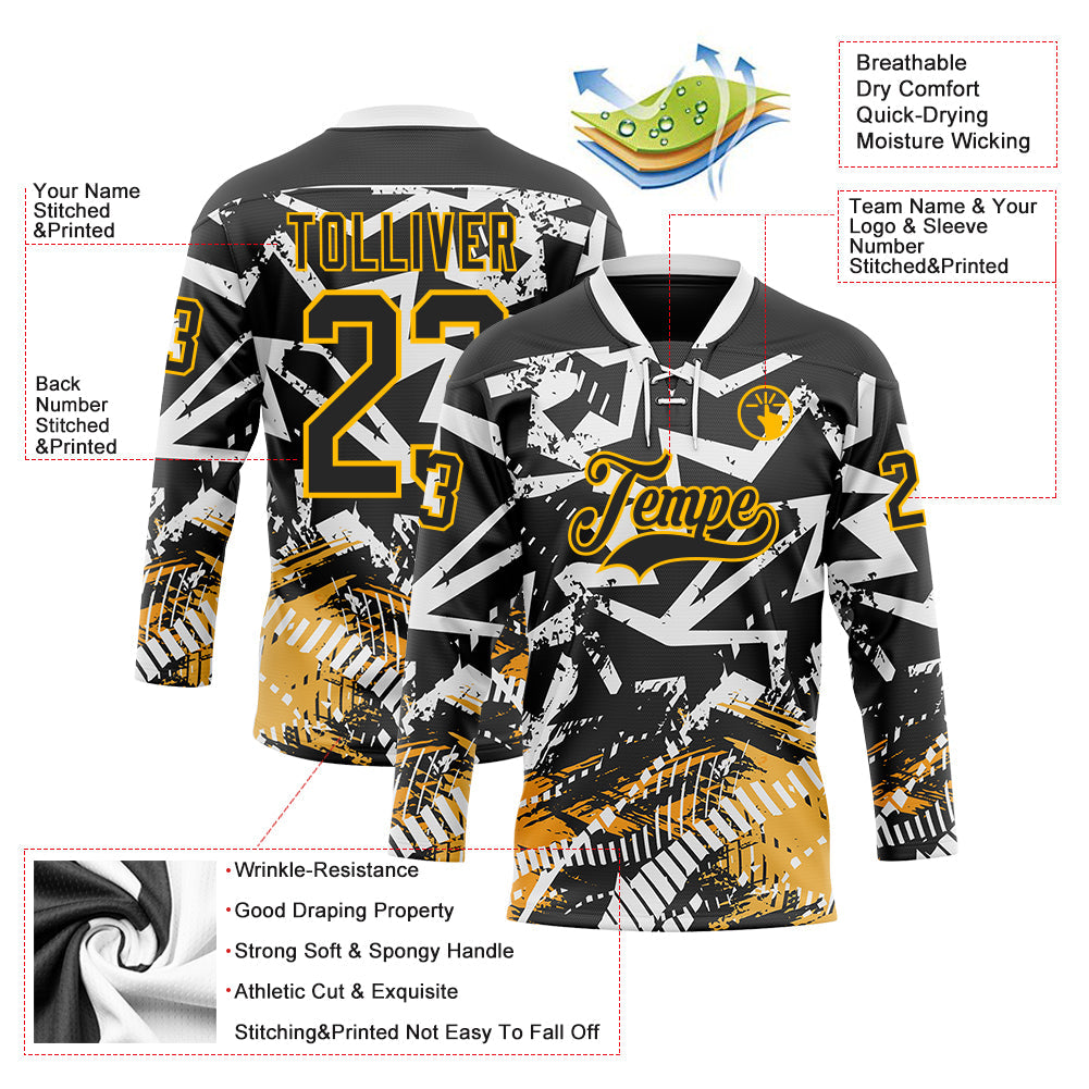 Custom Black Gold-White 3D Pattern Abstract Hockey Lace Neck Jersey view 3