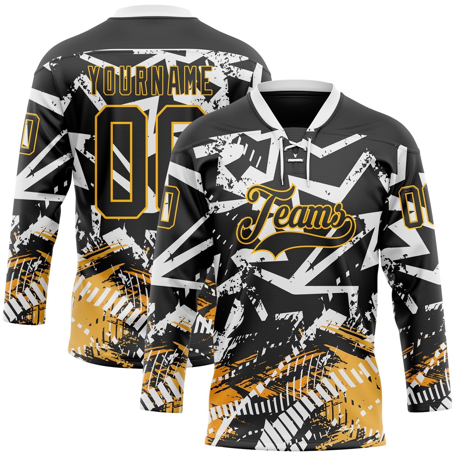 Custom Black Gold-White 3D Pattern Abstract Hockey Lace Neck Jersey - Main View