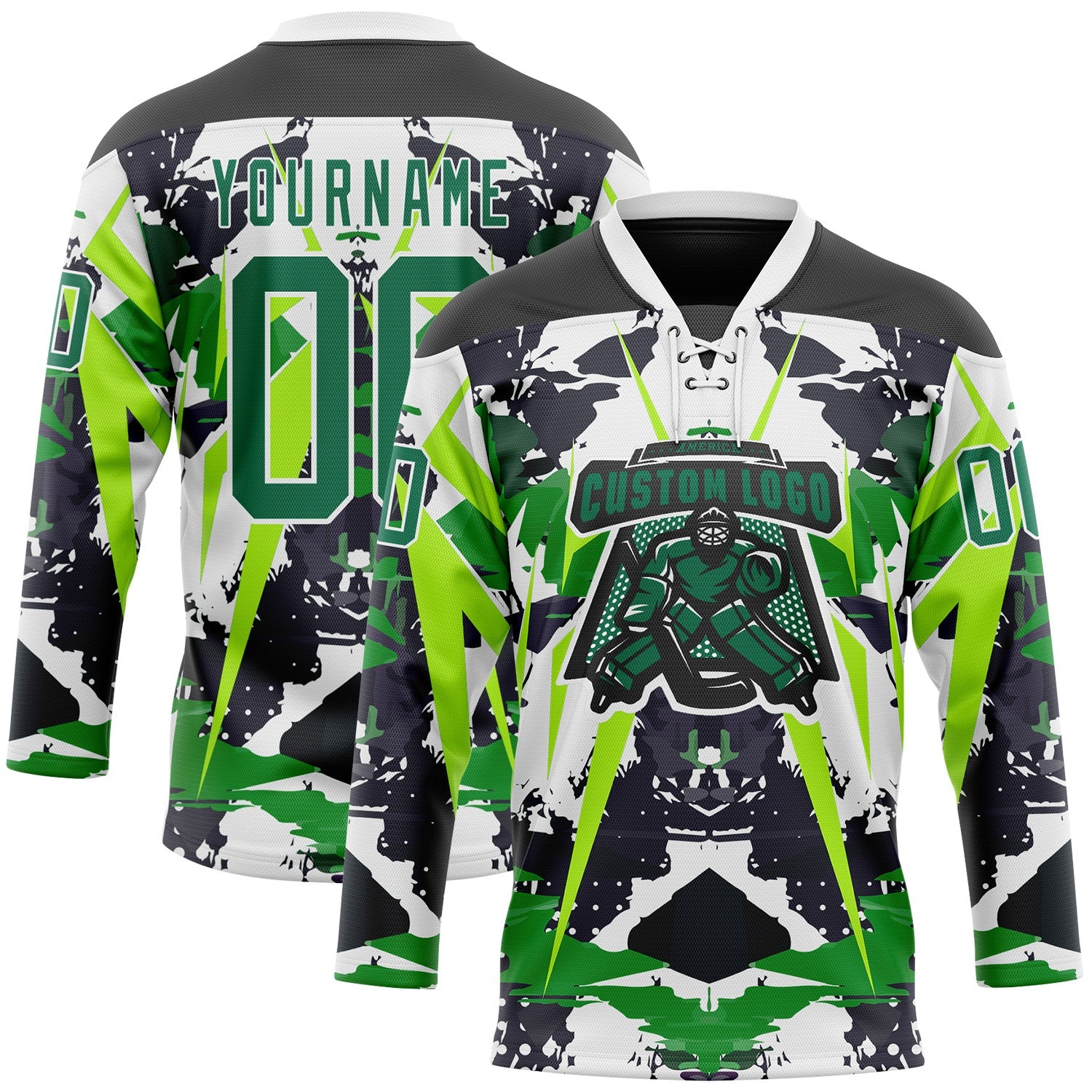 Custom Black Kelly Green White-Green 3D Pattern Abstract Grunge Hockey Lace Neck Jersey view 2