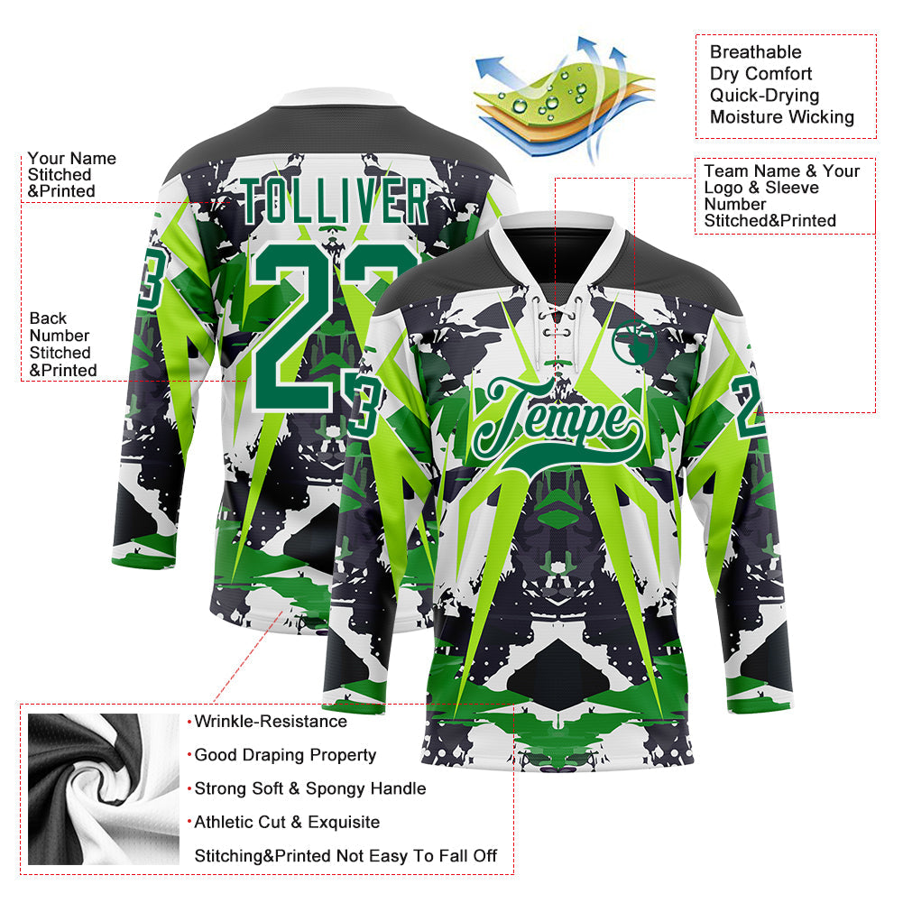 Custom Black Kelly Green White-Green 3D Pattern Abstract Grunge Hockey Lace Neck Jersey view 3