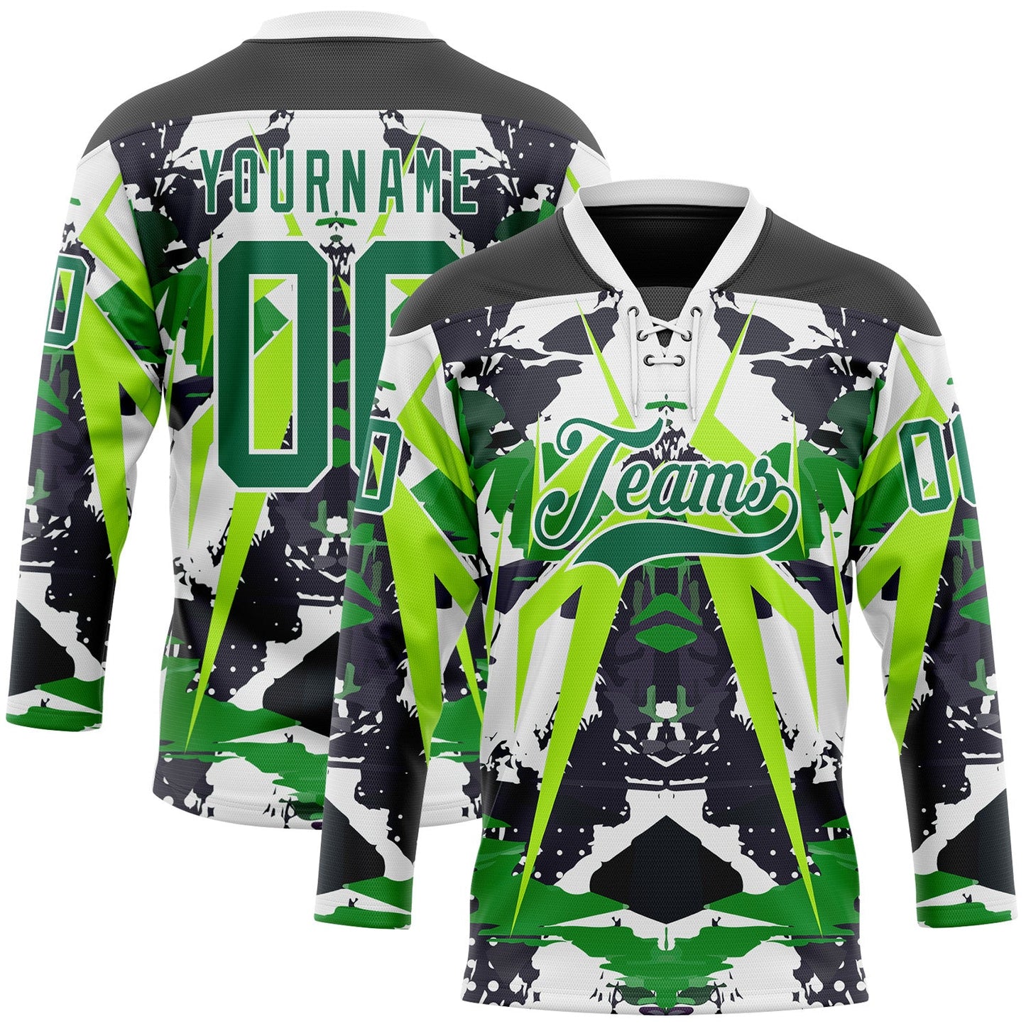 Custom Black Kelly Green White-Green 3D Pattern Abstract Grunge Hockey Lace Neck Jersey - Main View