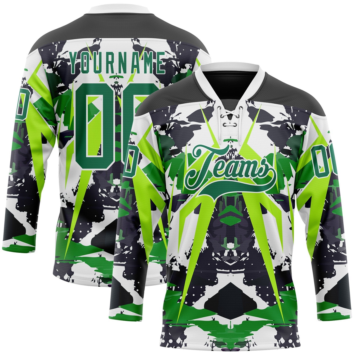 Custom Black Kelly Green White-Green 3D Pattern Abstract Grunge Hockey Lace Neck Jersey - Main View