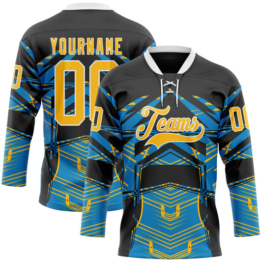 Custom Black Gold Blue-White 3D Pattern Abstract Hockey Lace Neck Jersey - Main View