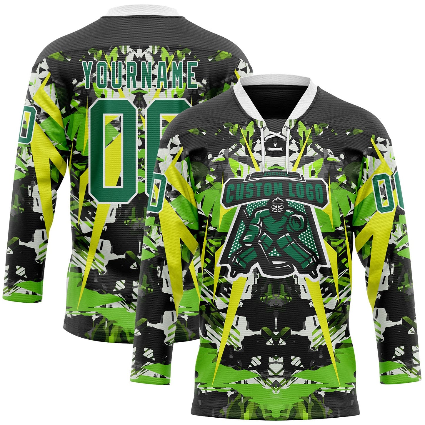 Custom Black Kelly Green White-Green 3D Pattern Abstract Grunge Hockey Lace Neck Jersey view 2