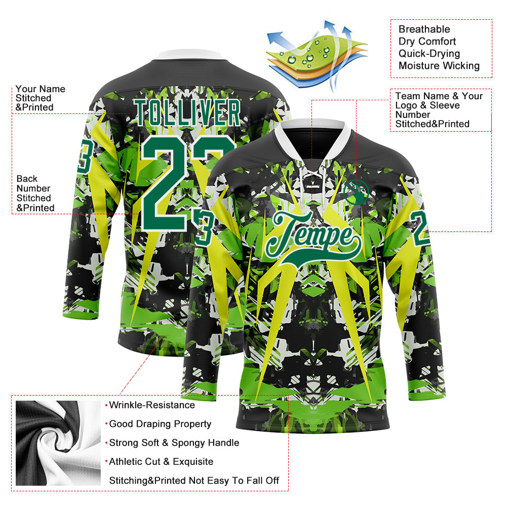 Custom Black Kelly Green White-Green 3D Pattern Abstract Grunge Hockey Lace Neck Jersey view 3