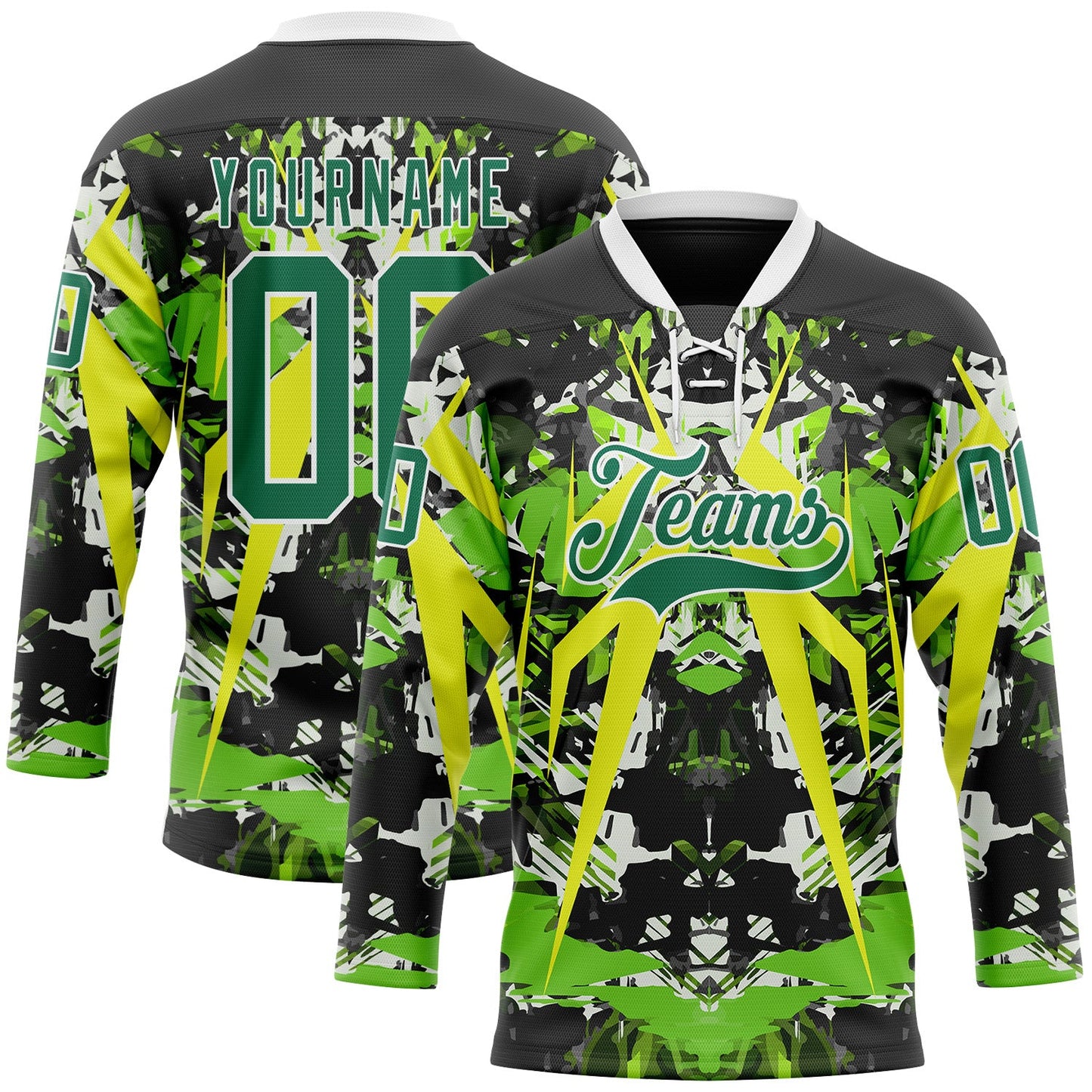 Custom Black Kelly Green White-Green 3D Pattern Abstract Grunge Hockey Lace Neck Jersey - Main View