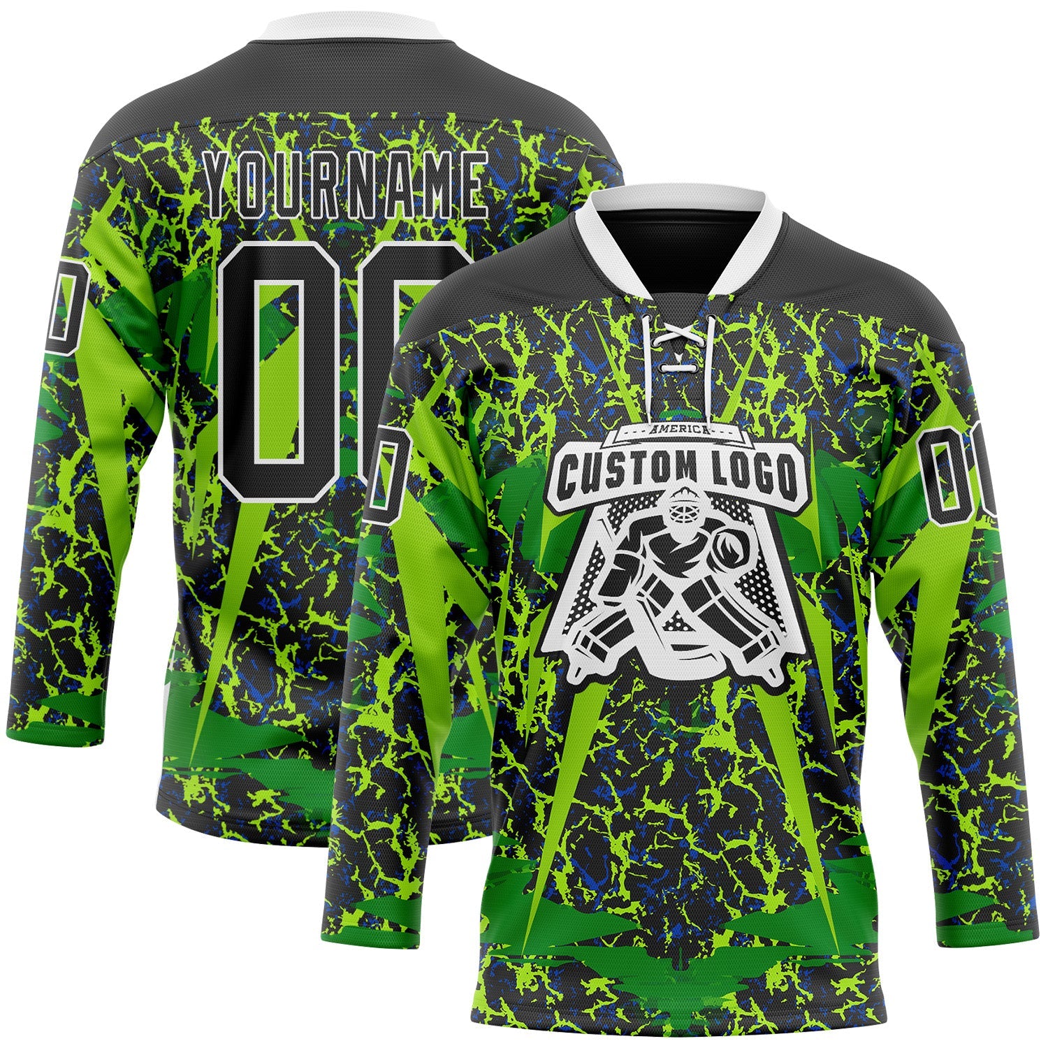 Custom Black Green White 3D Pattern Abstract Hockey Lace Neck Jersey view 2
