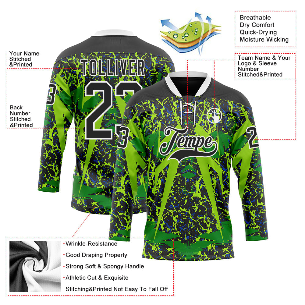 Custom Black Green White 3D Pattern Abstract Hockey Lace Neck Jersey view 3
