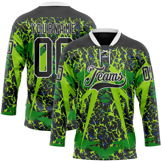 Custom Black Green White 3D Pattern Abstract Hockey Lace Neck Jersey - Main View