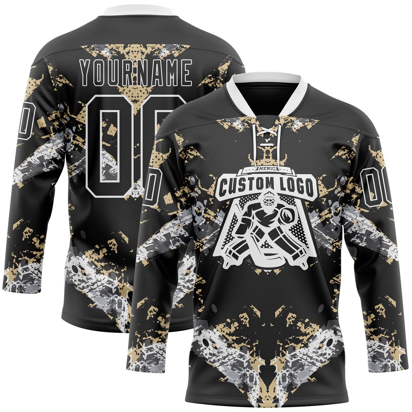 Custom Black Vegas Gold-White 3D Pattern Abstract Grunge Hockey Lace Neck Jersey view 2