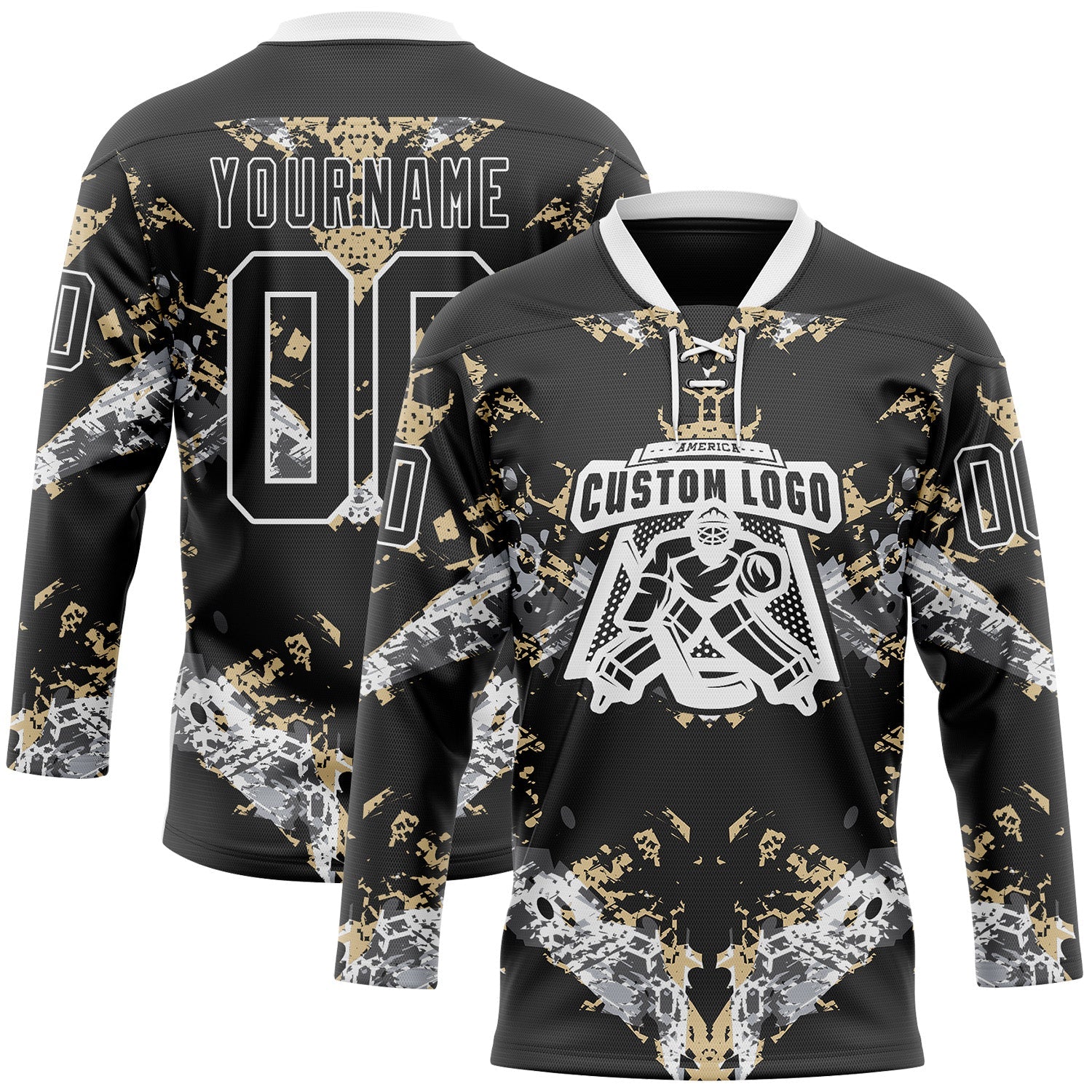 Custom Black Vegas Gold-White 3D Pattern Abstract Grunge Hockey Lace Neck Jersey view 2