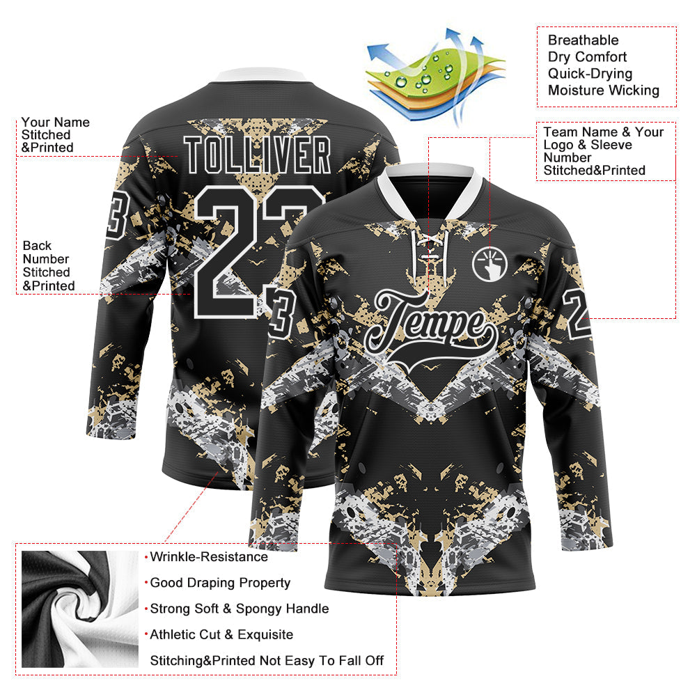 Custom Black Vegas Gold-White 3D Pattern Abstract Grunge Hockey Lace Neck Jersey view 3