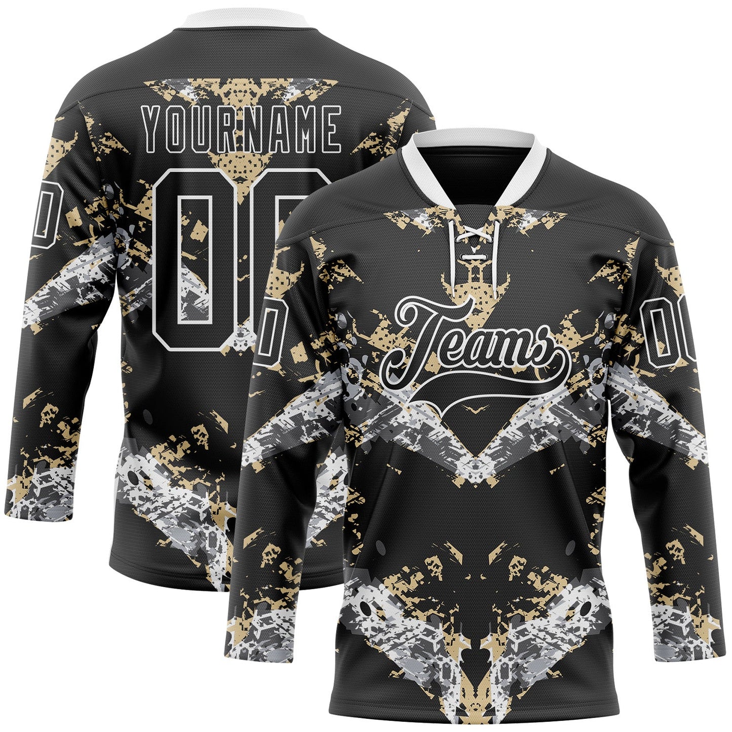 Custom Black Vegas Gold-White 3D Pattern Abstract Grunge Hockey Lace Neck Jersey - Main View