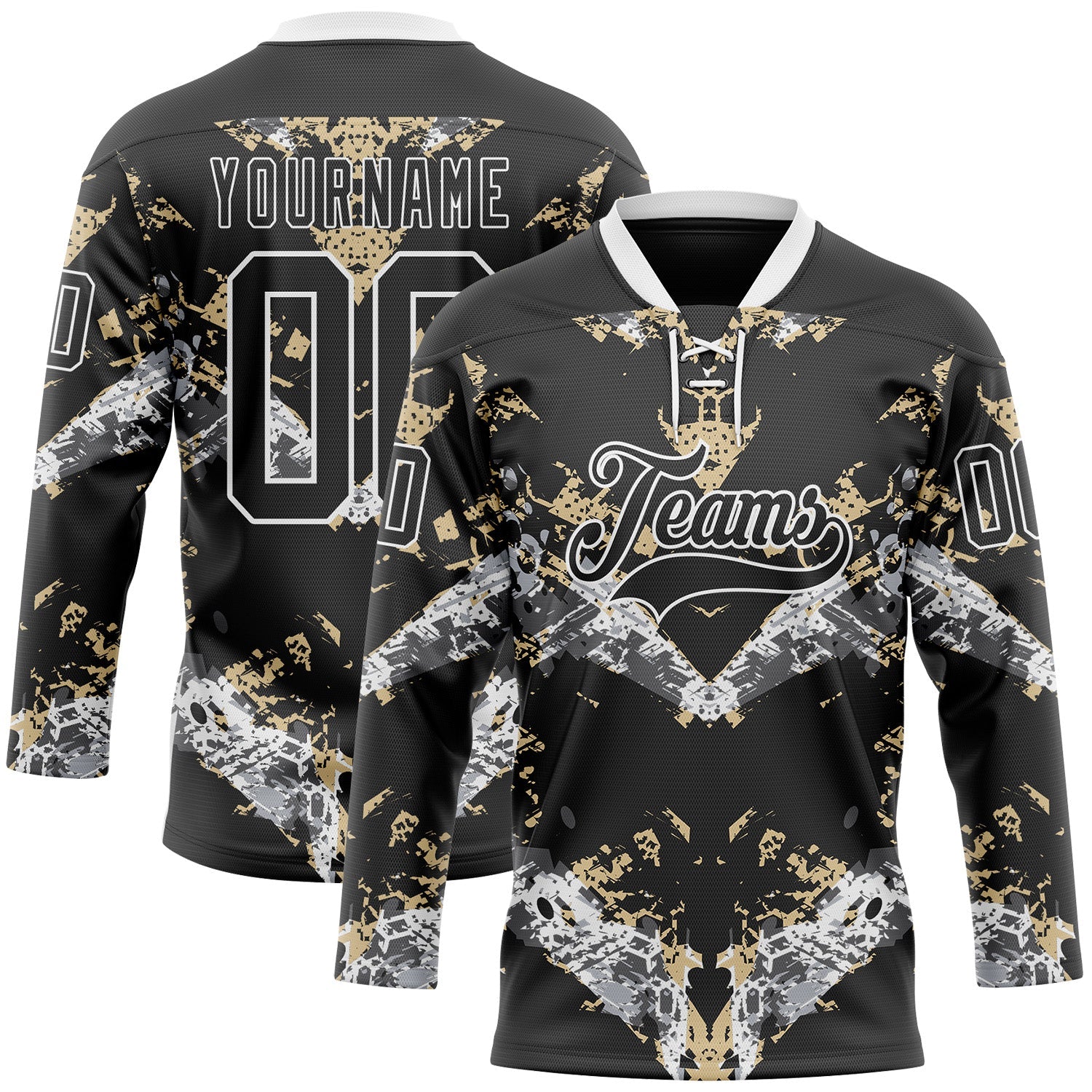 Custom Black Vegas Gold-White 3D Pattern Abstract Grunge Hockey Lace Neck Jersey - Main View