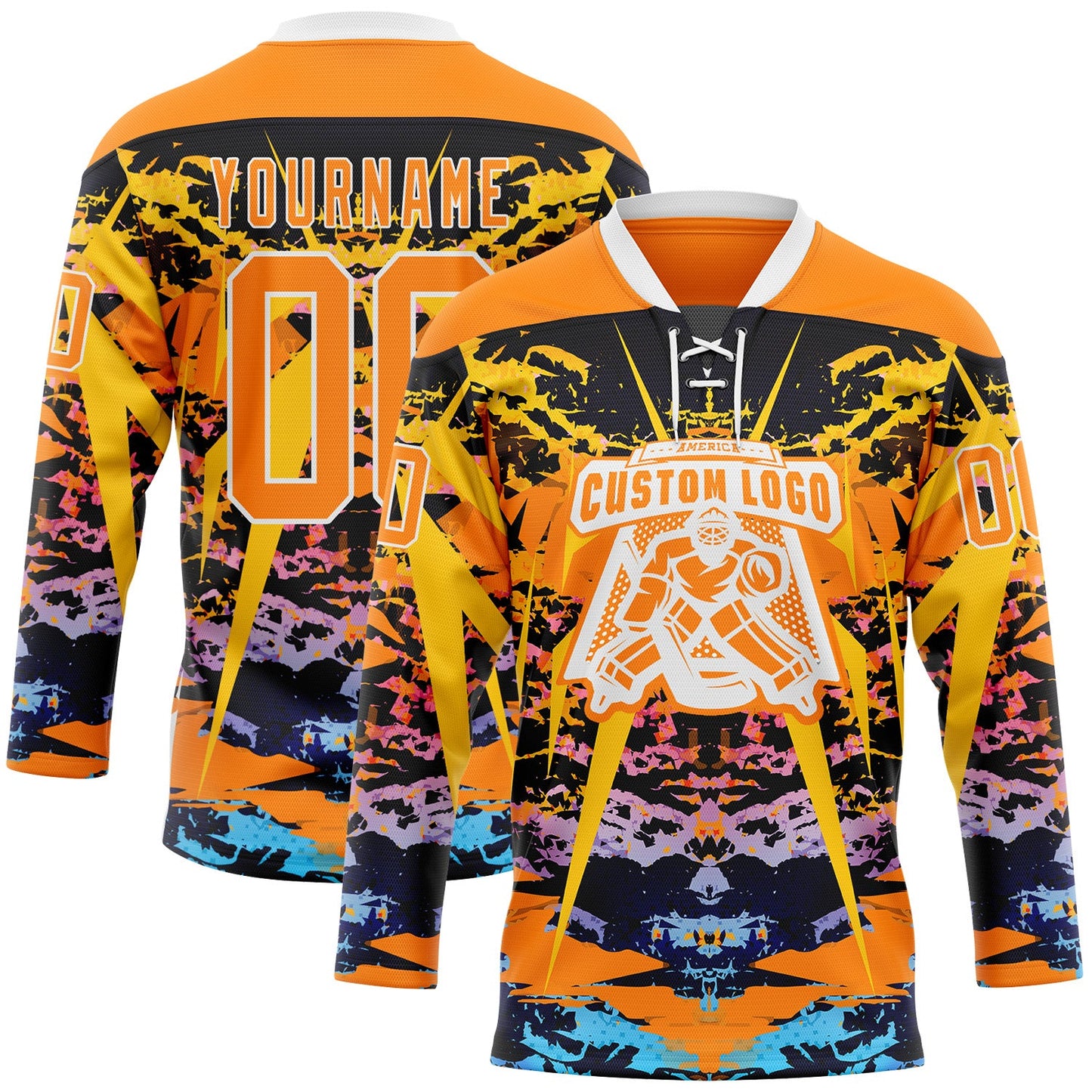 Custom Bay Orange Blue-White 3D Pattern Abstract Grunge Hockey Lace Neck Jersey view 2
