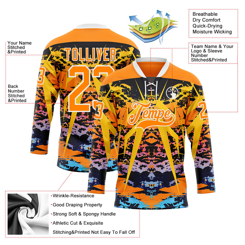 Custom Bay Orange Blue-White 3D Pattern Abstract Grunge Hockey Lace Neck Jersey view 3