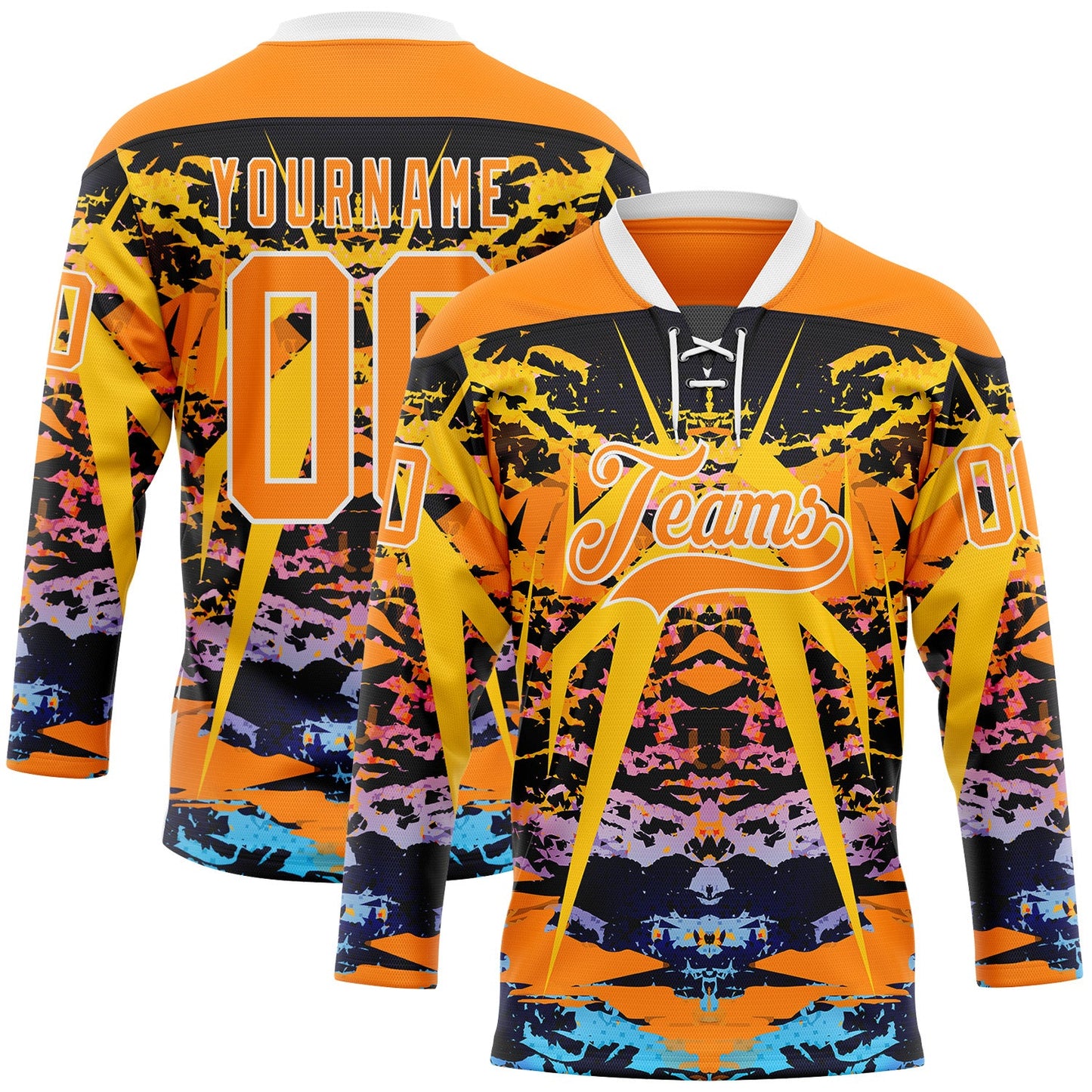Custom Bay Orange Blue-White 3D Pattern Abstract Grunge Hockey Lace Neck Jersey - Main View