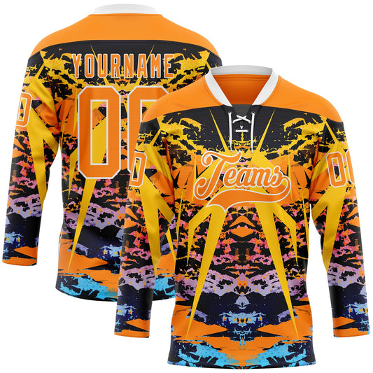 Custom Bay Orange Blue-White 3D Pattern Abstract Grunge Hockey Lace Neck Jersey - Main View