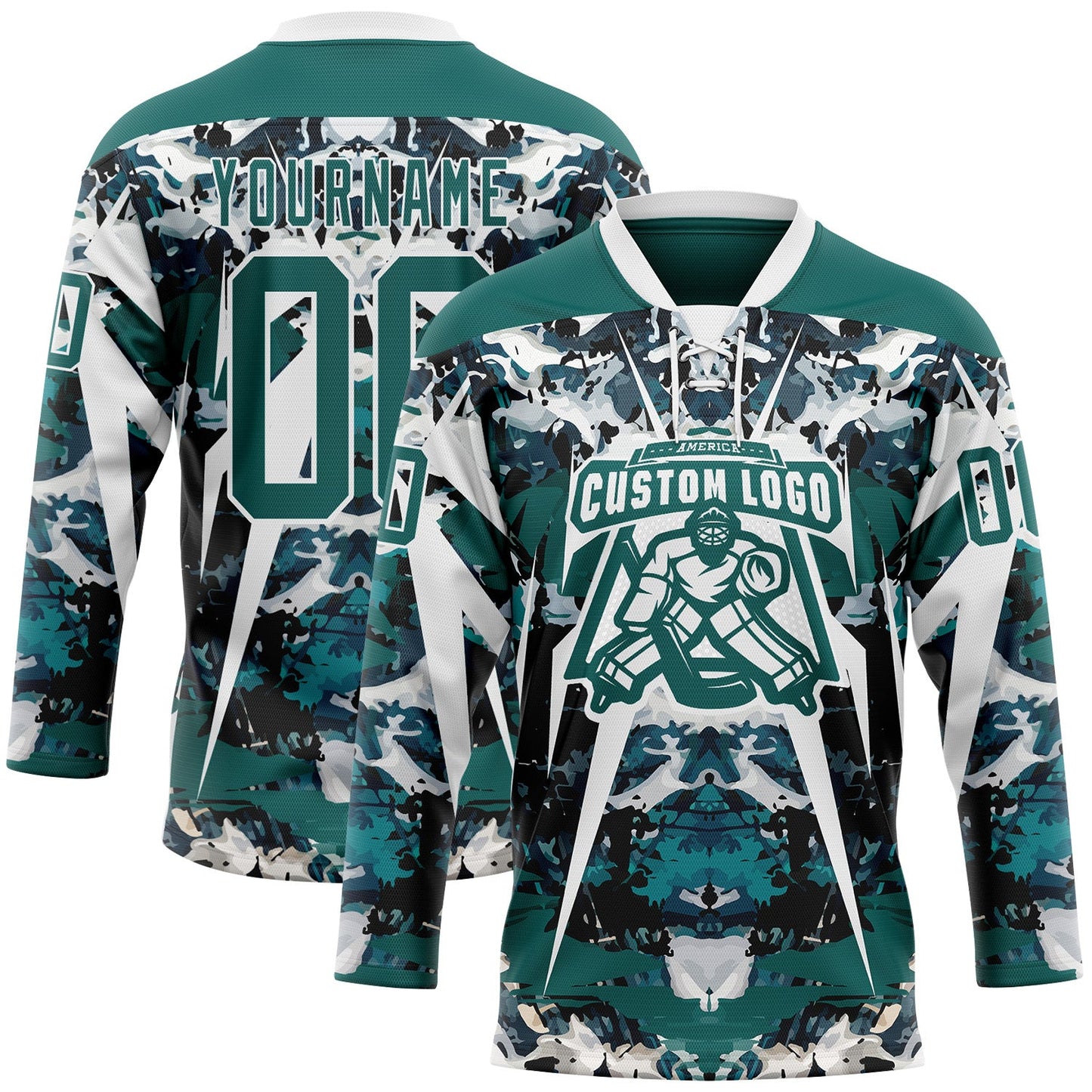 Custom Midnight Green Black-White 3D Pattern Abstract Grunge Hockey Lace Neck Jersey view 2