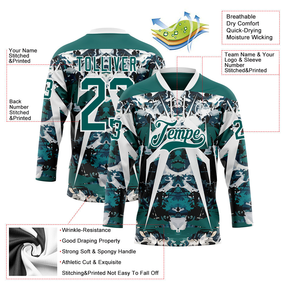 Custom Midnight Green Black-White 3D Pattern Abstract Grunge Hockey Lace Neck Jersey view 3