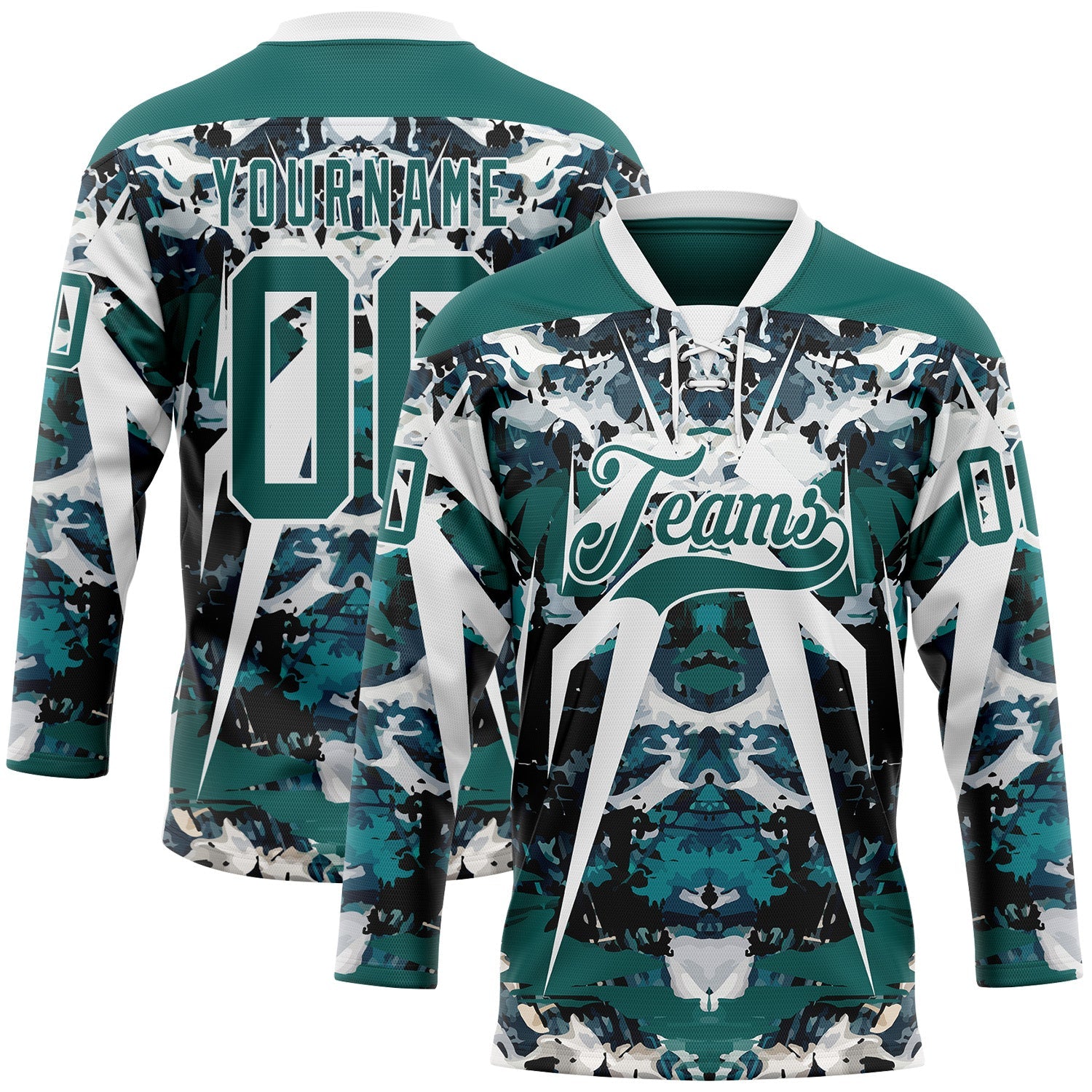 Custom Midnight Green Black-White 3D Pattern Abstract Grunge Hockey Lace Neck Jersey - Main View