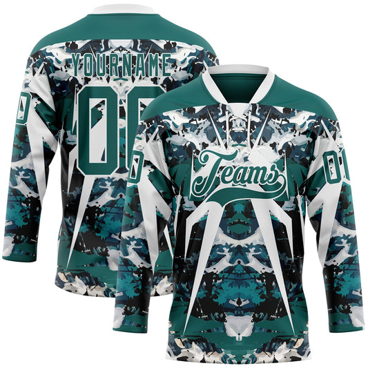 Custom Midnight Green Black-White 3D Pattern Abstract Grunge Hockey Lace Neck Jersey - Main View
