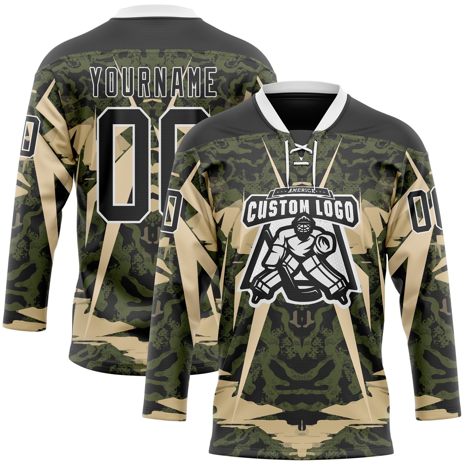 Custom Black Olive-White 3D Pattern Abstract Grunge Hockey Lace Neck Jersey view 2