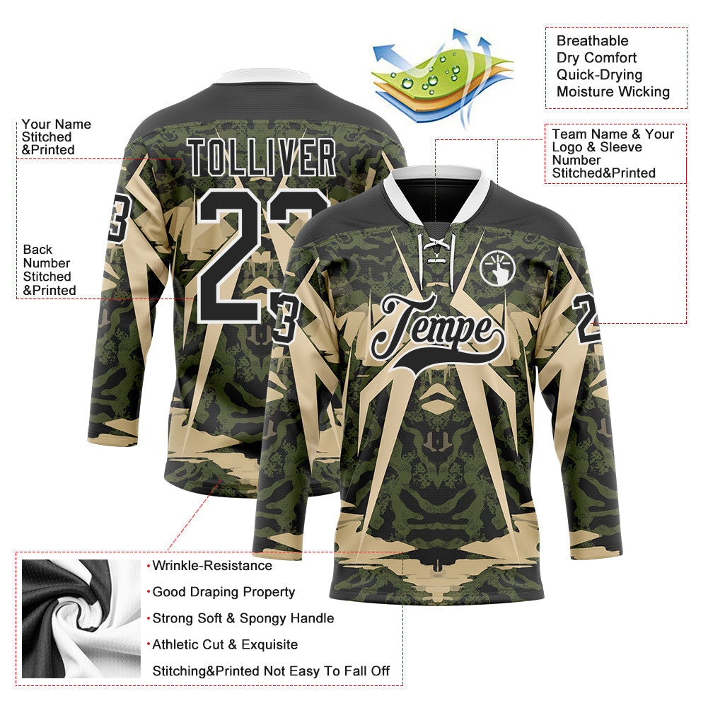 Custom Black Olive-White 3D Pattern Abstract Grunge Hockey Lace Neck Jersey view 3