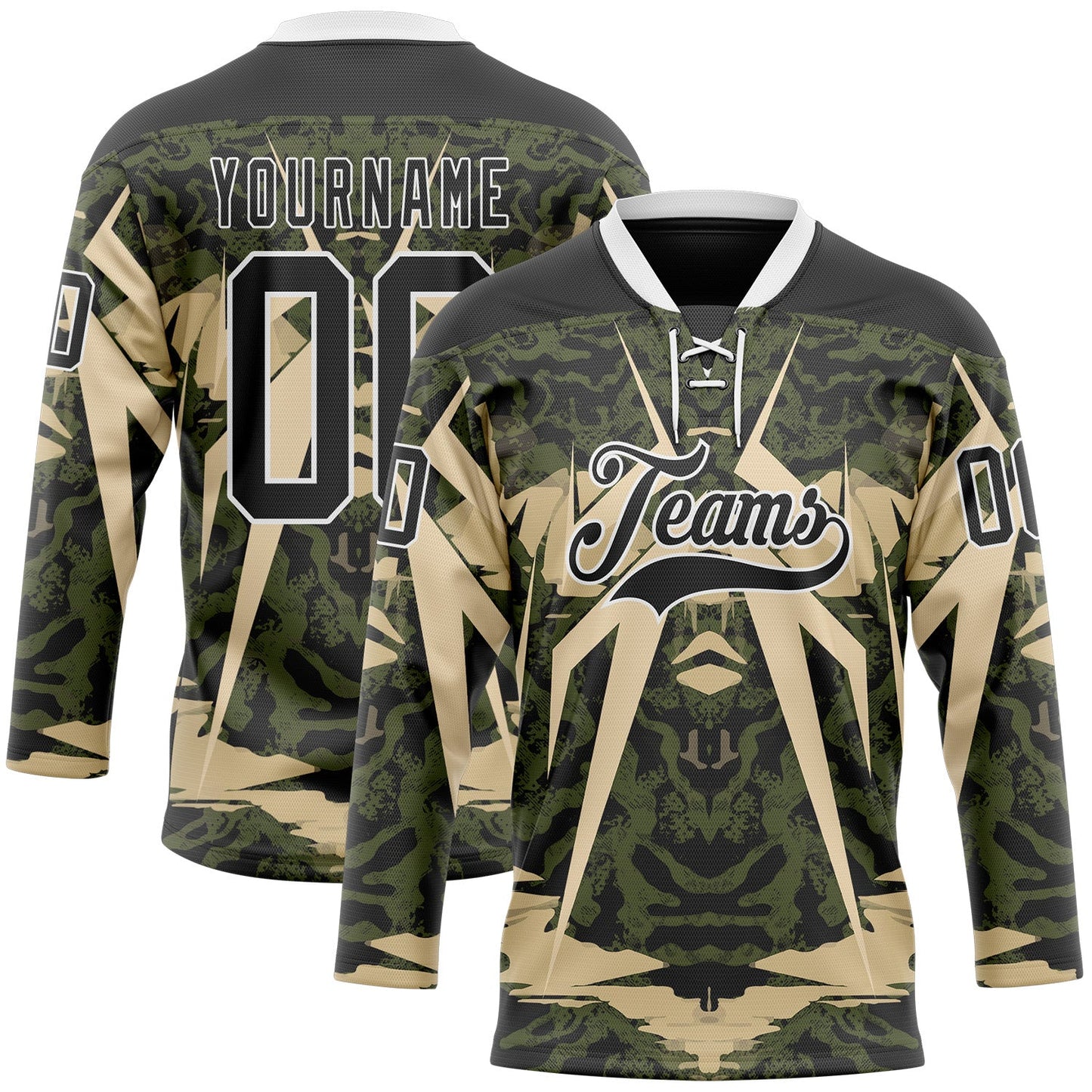 Custom Black Olive-White 3D Pattern Abstract Grunge Hockey Lace Neck Jersey - Main View