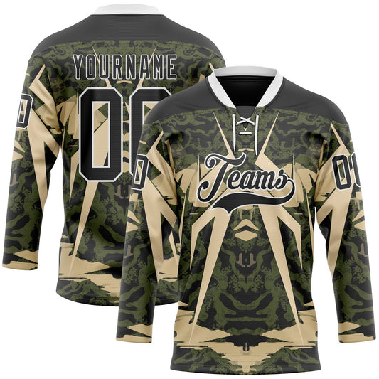 Custom Black Olive-White 3D Pattern Abstract Grunge Hockey Lace Neck Jersey - Main View